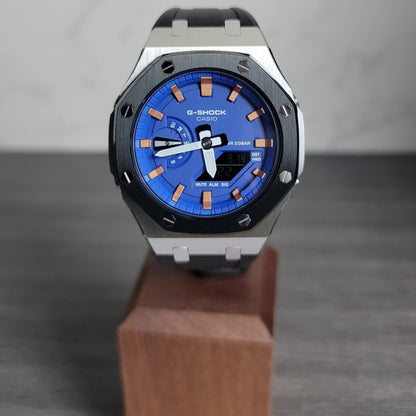 Casioak Mod Watch Silver Black Case Black Rubber Strap Blue Rose Gold Time Mark Blue Dial 44mm- Casioak Mod Casio G-Shock Royal Oak Custom Mens Luxury Watches Ga2100