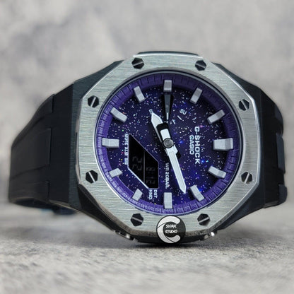 Casioak Mod Watch Silver Black Case Black Rubber Strap Purple Silver Time Mark Purple Dial 44mm- Casioak Mod Casio G-Shock Royal Oak Custom Mens Luxury Watches Ga2100