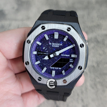 Casioak Mod Watch Silver Black Case Black Rubber Strap Purple Silver Time Mark Purple Dial 44mm- Casioak Mod Casio G-Shock Royal Oak Custom Mens Luxury Watches Ga2100