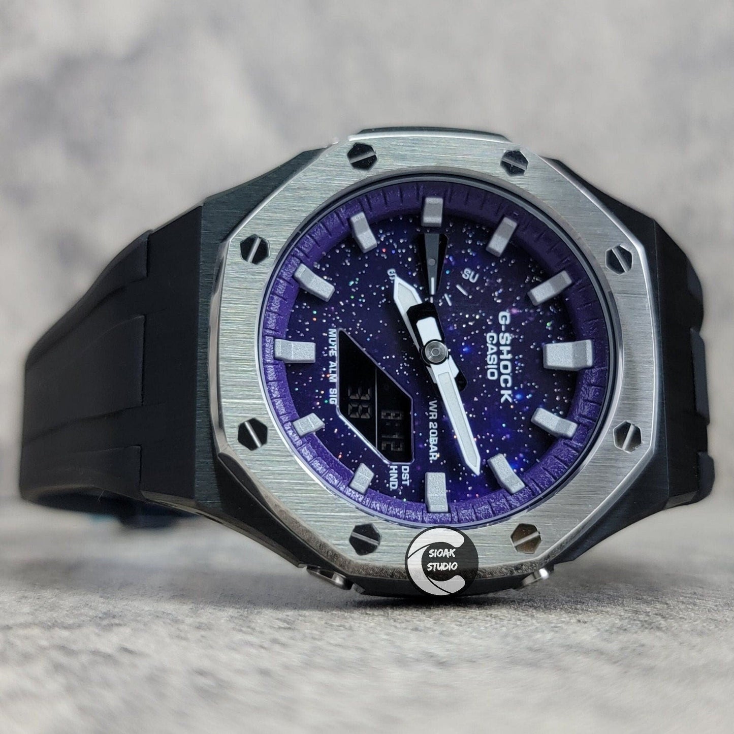 Casioak Mod Watch Silver Black Case Black Rubber Strap Purple Silver Time Mark Purple Dial 44mm- Casioak Mod Casio G-Shock Royal Oak Custom Mens Luxury Watches Ga2100