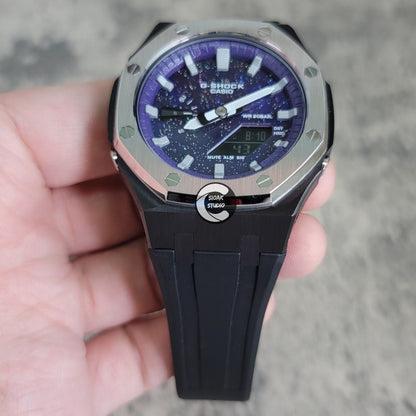 Casioak Mod Watch Silver Black Case Black Rubber Strap Purple Silver Time Mark Purple Dial 44mm- Casioak Mod Casio G-Shock Royal Oak Custom Mens Luxury Watches Ga2100