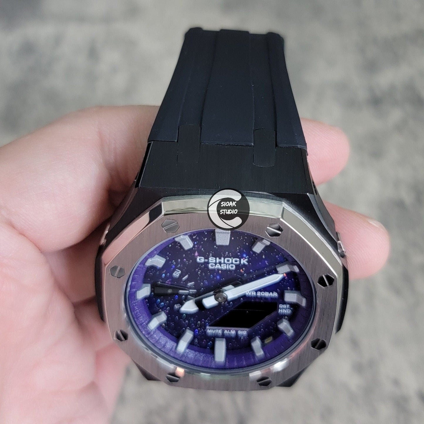 Casioak Mod Watch Silver Black Case Black Rubber Strap Purple Silver Time Mark Purple Dial 44mm- Casioak Mod Casio G-Shock Royal Oak Custom Mens Luxury Watches Ga2100