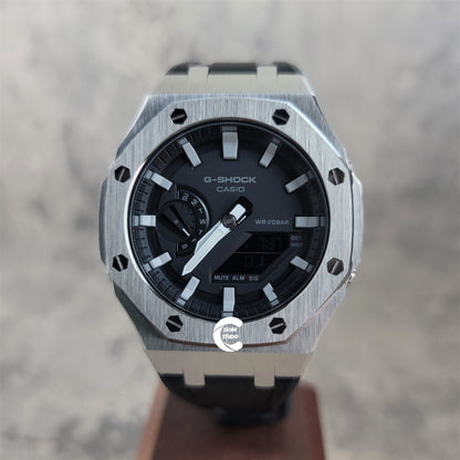 Casioak Mod Watch Silver Case Black Rubber Strap Black Light Gray Time Mark Black Dial 44mm- Casioak Mod Casio G-Shock Royal Oak Custom Mens Luxury Watches Ga2100