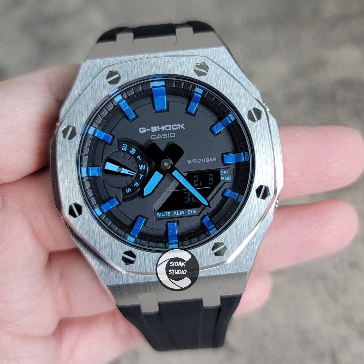 Casioak Mod Watch Silver Case Black Rubber Strap Black Metalkic Blue Time Mark Black Dial 44mm- Casioak Mod Casio G-Shock Royal Oak Custom Mens Luxury Watches Ga2100