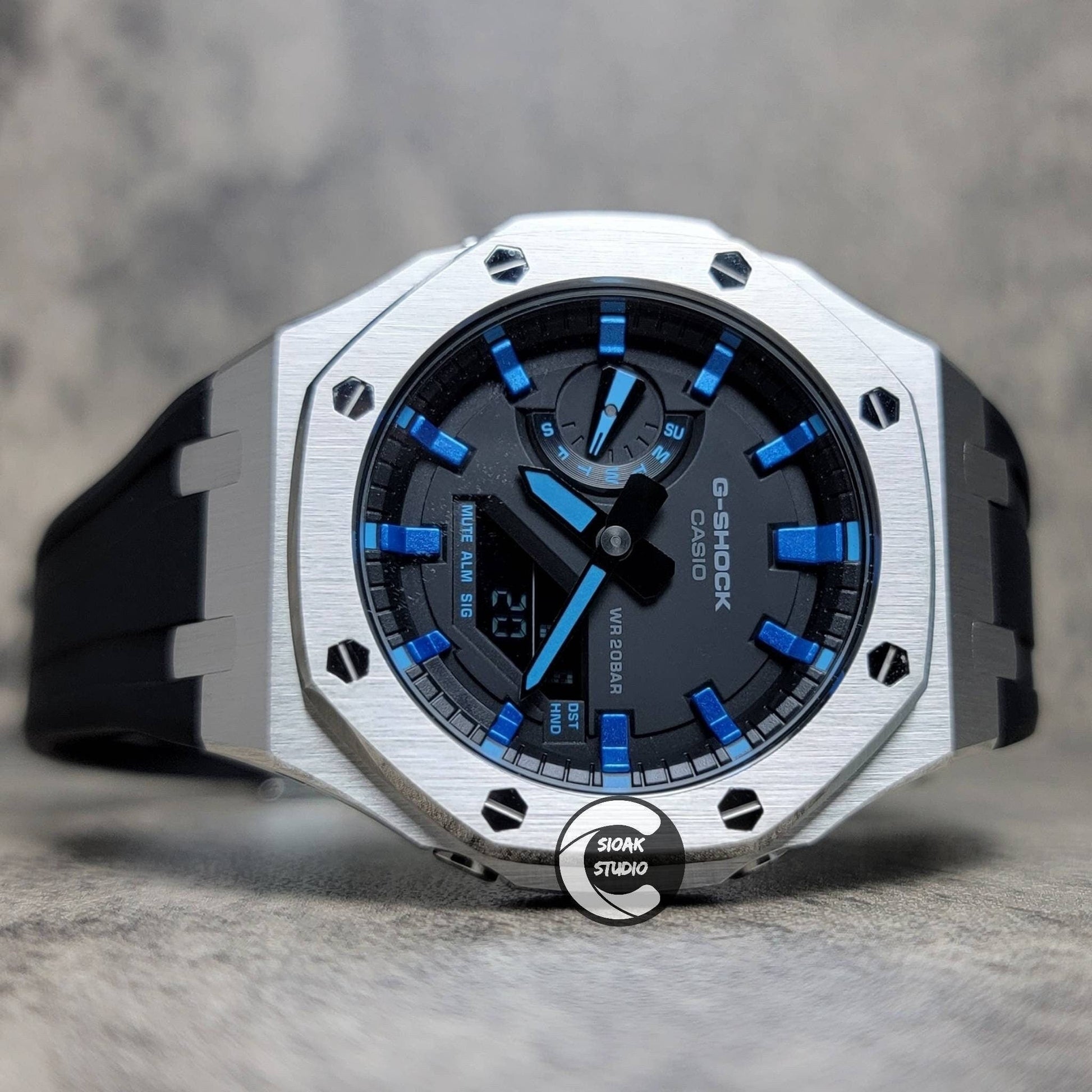 Casioak Mod Watch Silver Case Black Rubber Strap Black Metalkic Blue Time Mark Black Dial 44mm- Casioak Mod Casio G-Shock Royal Oak Custom Mens Luxury Watches Ga2100