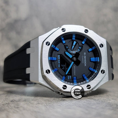 Casioak Mod Watch Silver Case Black Rubber Strap Black Metalkic Blue Time Mark Black Dial 44mm- Casioak Mod Casio G-Shock Royal Oak Custom Mens Luxury Watches Ga2100