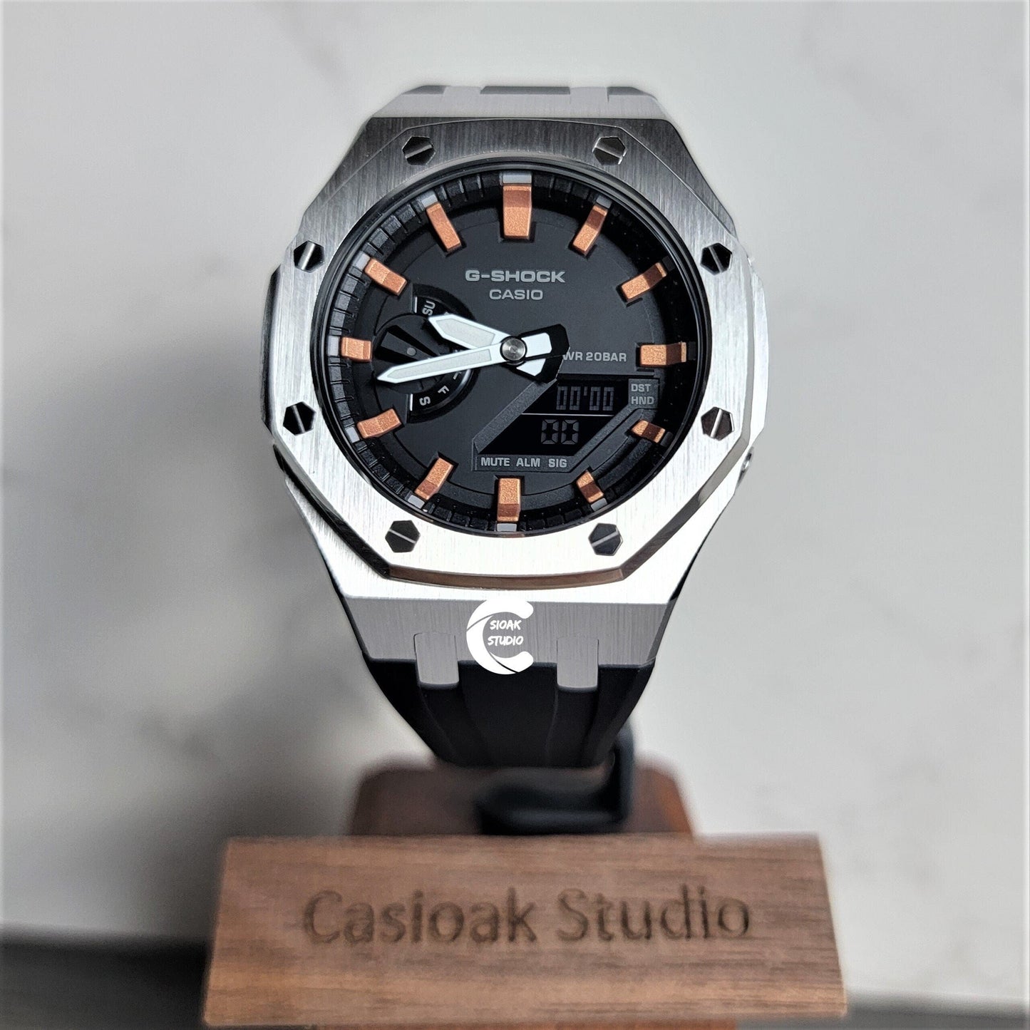 Casioak Mod Watch Silver Case Black Rubber Strap Black Rose Gold Time Mark Black Dial 44mm- Casioak Mod Casio G-Shock Royal Oak Custom Mens Luxury Watches Ga2100