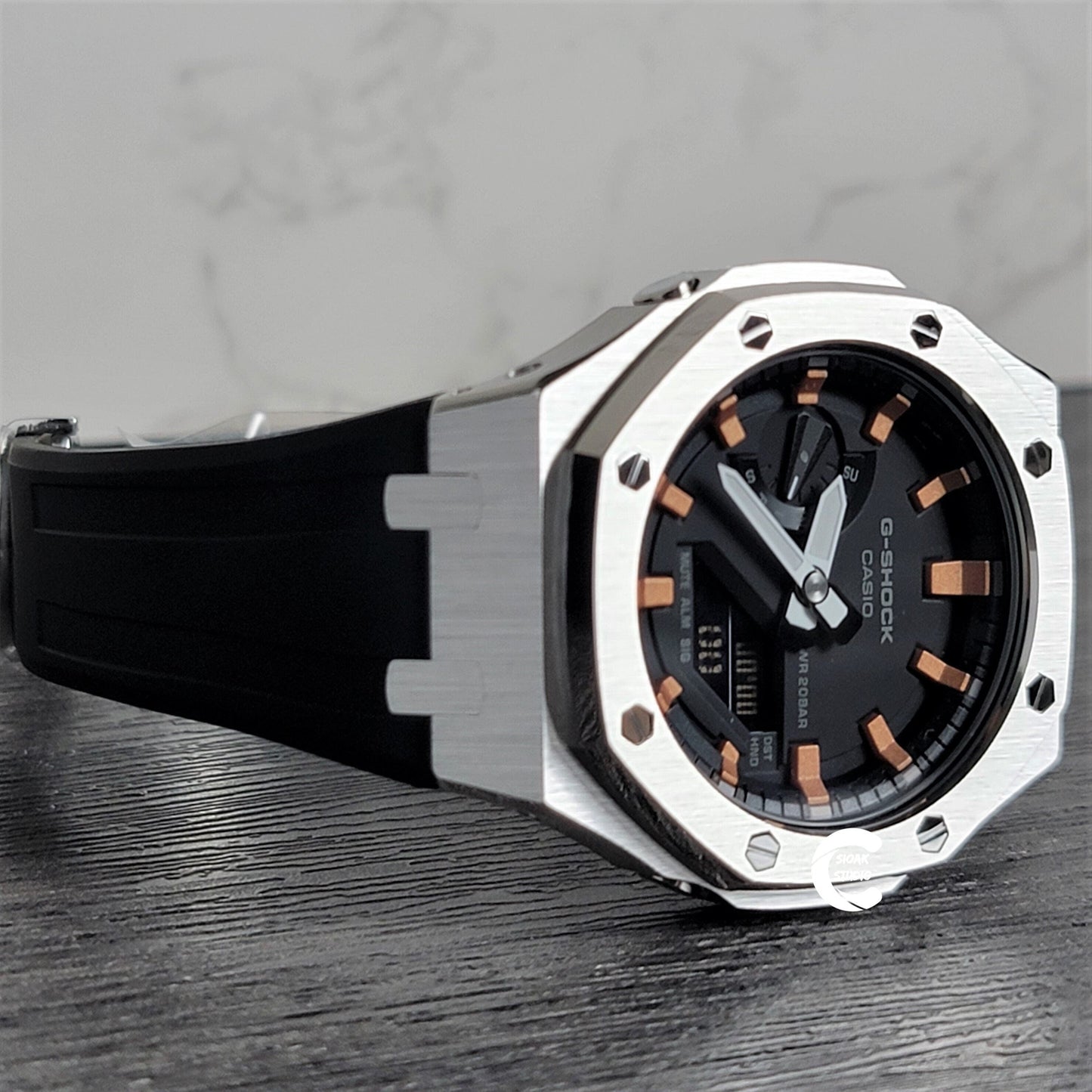 Casioak Mod Watch Silver Case Black Rubber Strap Black Rose Gold Time Mark Black Dial 44mm- Casioak Mod Casio G-Shock Royal Oak Custom Mens Luxury Watches Ga2100