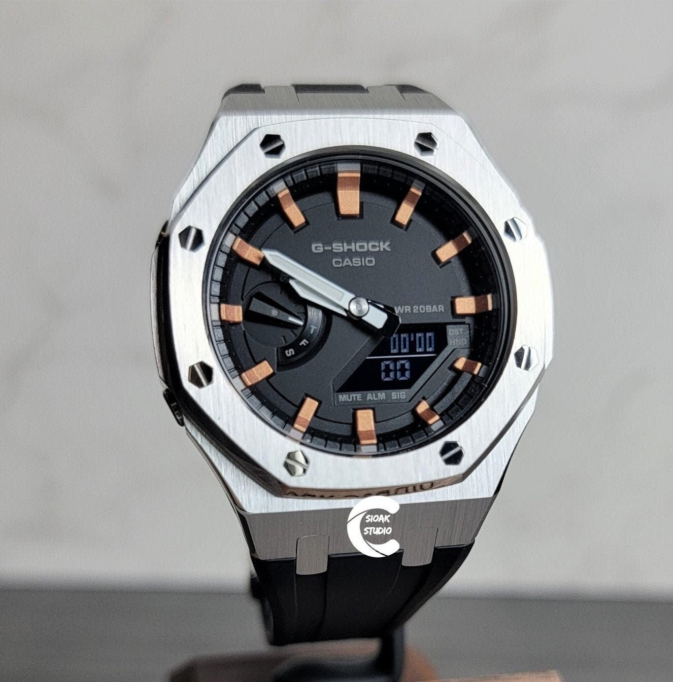 Casioak Mod Watch Silver Case Black Rubber Strap Black Rose Gold Time Mark Black Dial 44mm- Casioak Mod Casio G-Shock Royal Oak Custom Mens Luxury Watches Ga2100