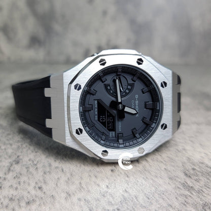 Casioak Mod Watch Silver Case Black Rubber Strap Black Time Mark Black Dial 44mm- Casioak Mod Casio G-Shock Royal Oak Custom Mens Luxury Watches Ga2100