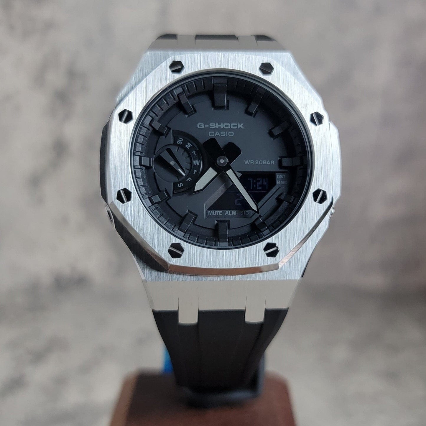 Casioak Mod Watch Silver Case Black Rubber Strap Black Time Mark Black Dial 44mm- Casioak Mod Casio G-Shock Royal Oak Custom Mens Luxury Watches Ga2100