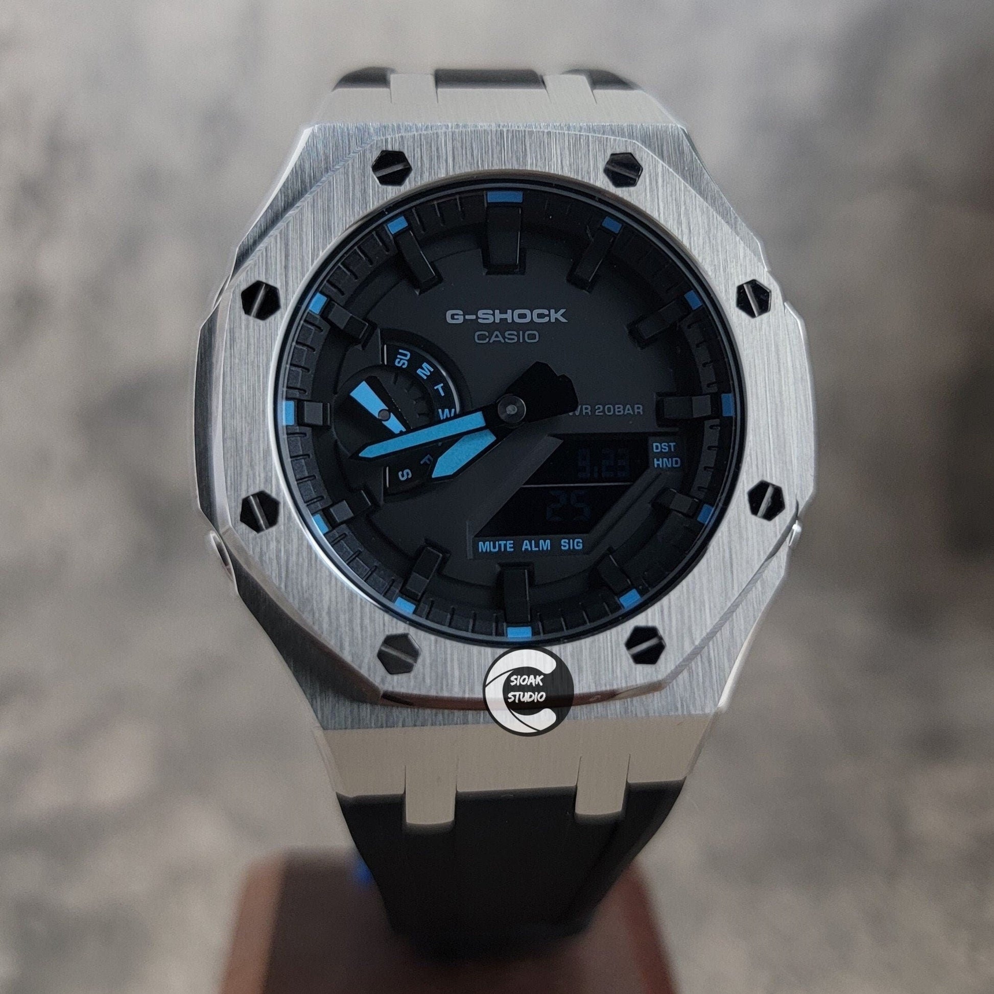 Casioak Mod Watch Silver Case Black Rubber Strap Black Time Mark Black Dial Blue 44mm- Casioak Mod Casio G-Shock Royal Oak Custom Mens Luxury Watches Ga2100