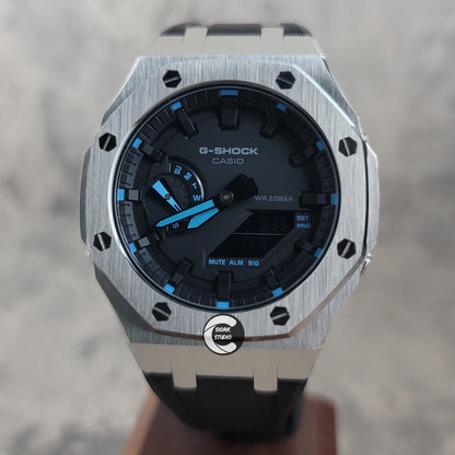 Casioak Mod Watch Silver Case Black Rubber Strap Black Time Mark Black Dial Blue 44mm- Casioak Mod Casio G-Shock Royal Oak Custom Mens Luxury Watches Ga2100