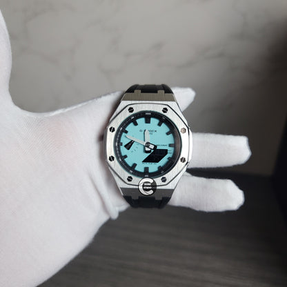 Casioak Mod Watch Silver Case Black Rubber Strap Black Time Mark Tiff Blue Dial 44mm- Casioak Mod Casio G-Shock Royal Oak Custom Mens Luxury Watches Ga2100