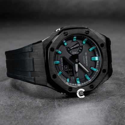 Casioak Mod Watch Silver Case Black Rubber Strap Black Turquoise Time Mark Black Dial 44mm- Casioak Mod Casio G-Shock Royal Oak Custom Mens Luxury Watches Ga2100