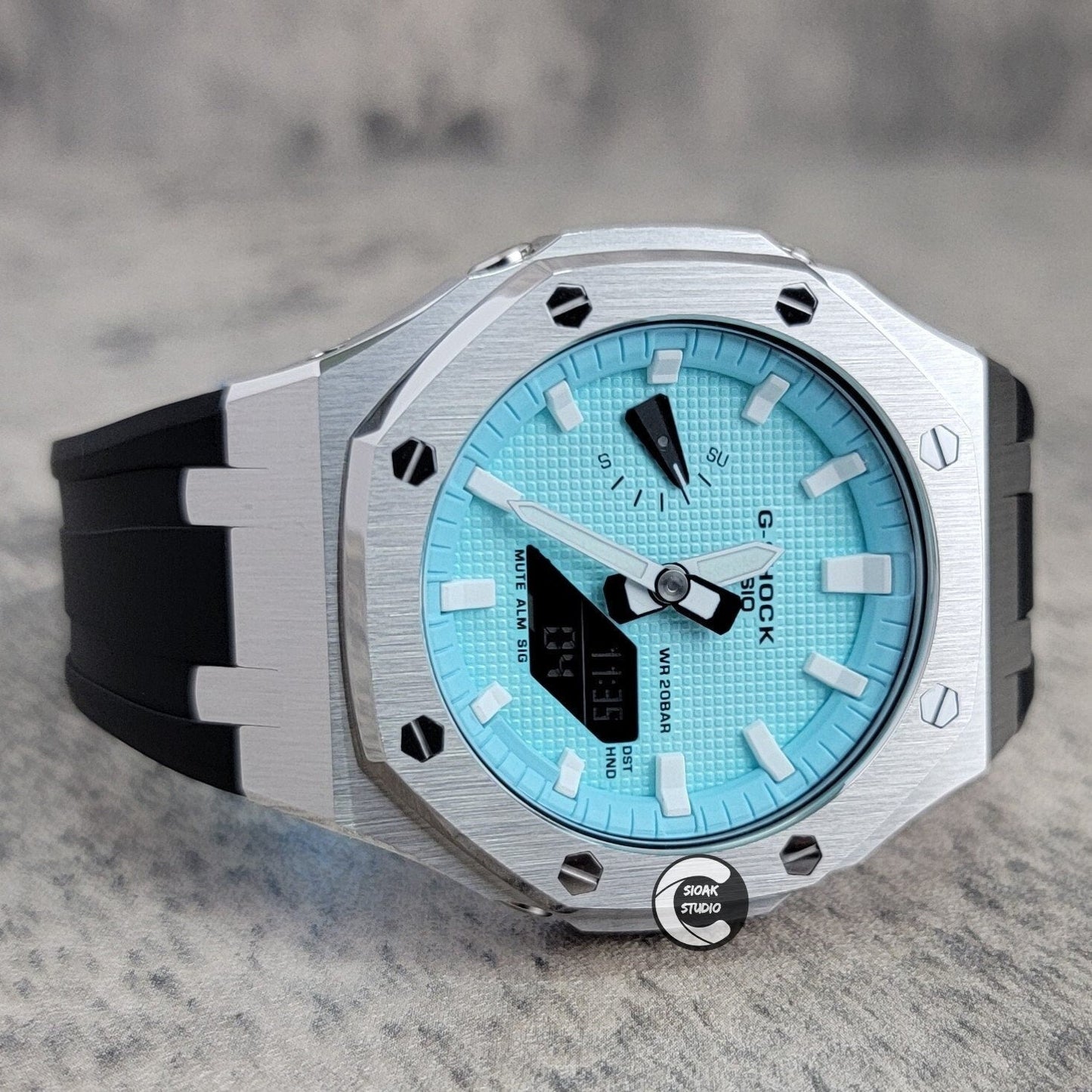 Casioak Mod Watch Silver Case Black Rubber Strap Tiff Time Mark Tiff Blue Dial 44mm- Casioak Mod Casio G-Shock Royal Oak Custom Mens Luxury Watches Ga2100