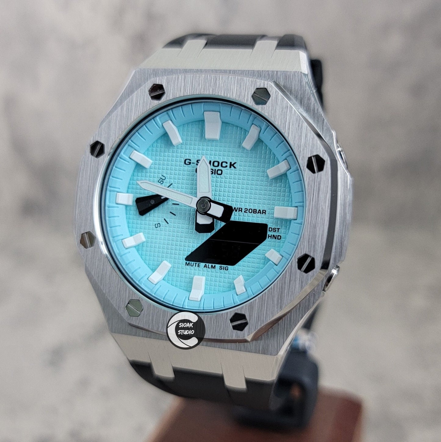 Casioak Mod Watch Silver Case Black Rubber Strap Tiff Time Mark Tiff Blue Dial 44mm- Casioak Mod Casio G-Shock Royal Oak Custom Mens Luxury Watches Ga2100