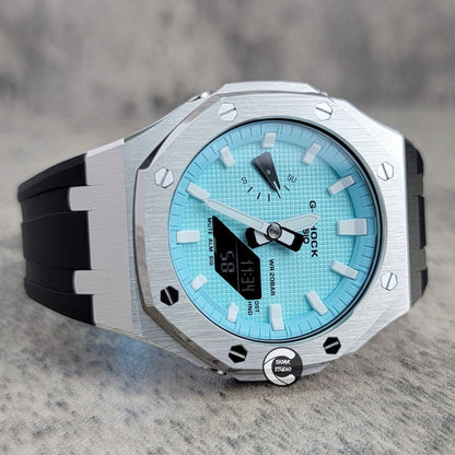 Casioak Mod Watch Silver Case Black Rubber Strap Tiff Time Mark Tiff Blue Dial 44mm- Casioak Mod Casio G-Shock Royal Oak Custom Mens Luxury Watches Ga2100