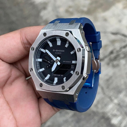 Casioak Mod Watch Silver Case Blue Rubber Strap Black Light Gray Time Mark Black Dial 44mm- Casioak Mod Casio G-Shock Royal Oak Custom Mens Luxury Watches Ga2100