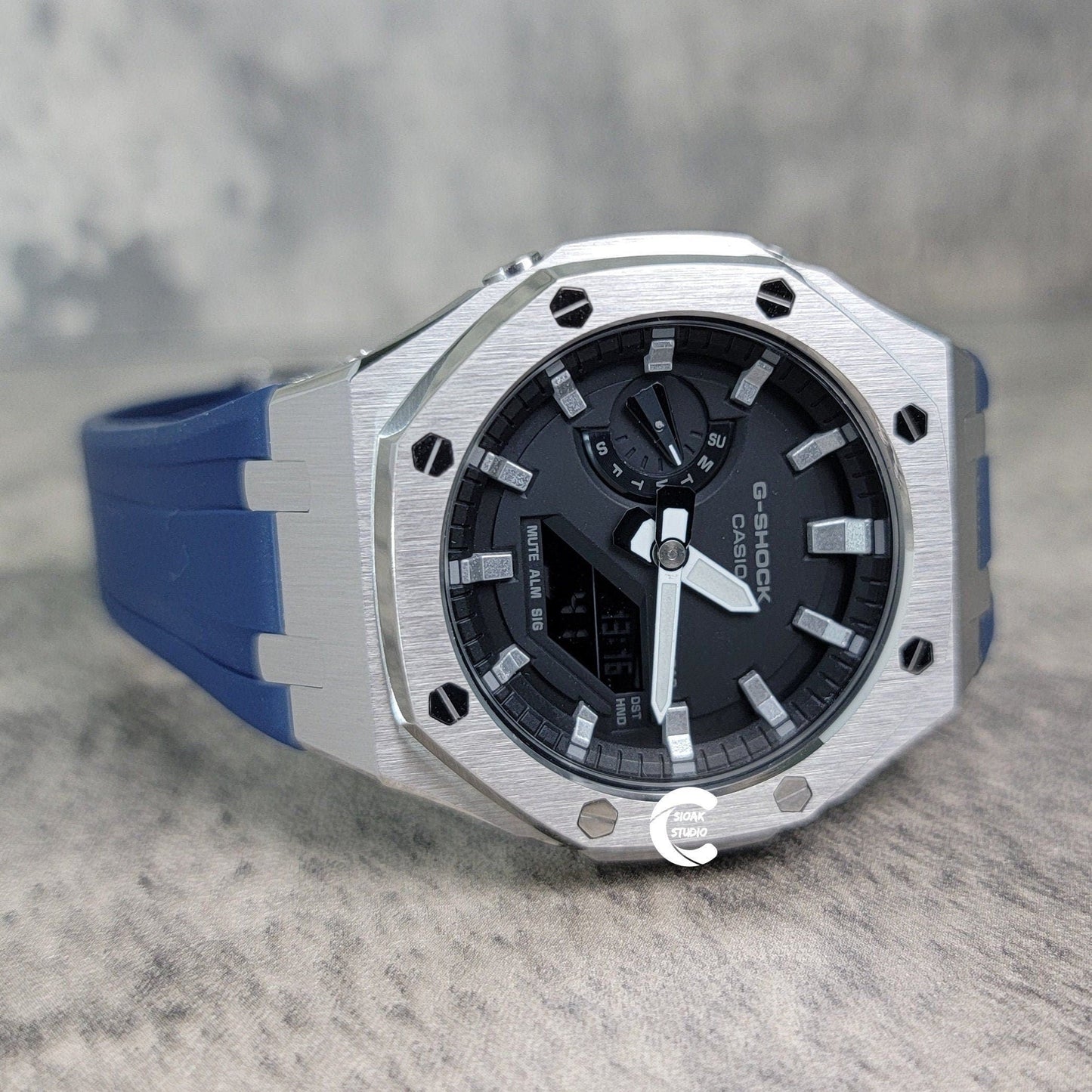 Casioak Mod Watch Silver Case Blue Rubber Strap Black Silver Time Mark Black Dial 44mm- Casioak Mod Casio G-Shock Royal Oak Custom Mens Luxury Watches Ga2100