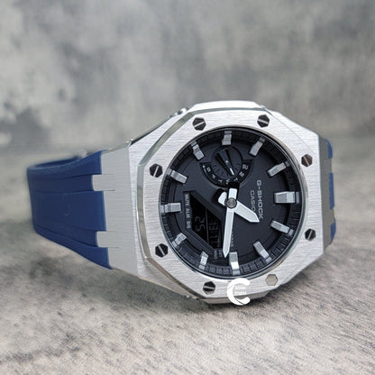 Casioak Mod Watch Silver Case Blue Rubber Strap Black Silver Time Mark Black Dial 44mm- Casioak Mod Casio G-Shock Royal Oak Custom Mens Luxury Watches Ga2100