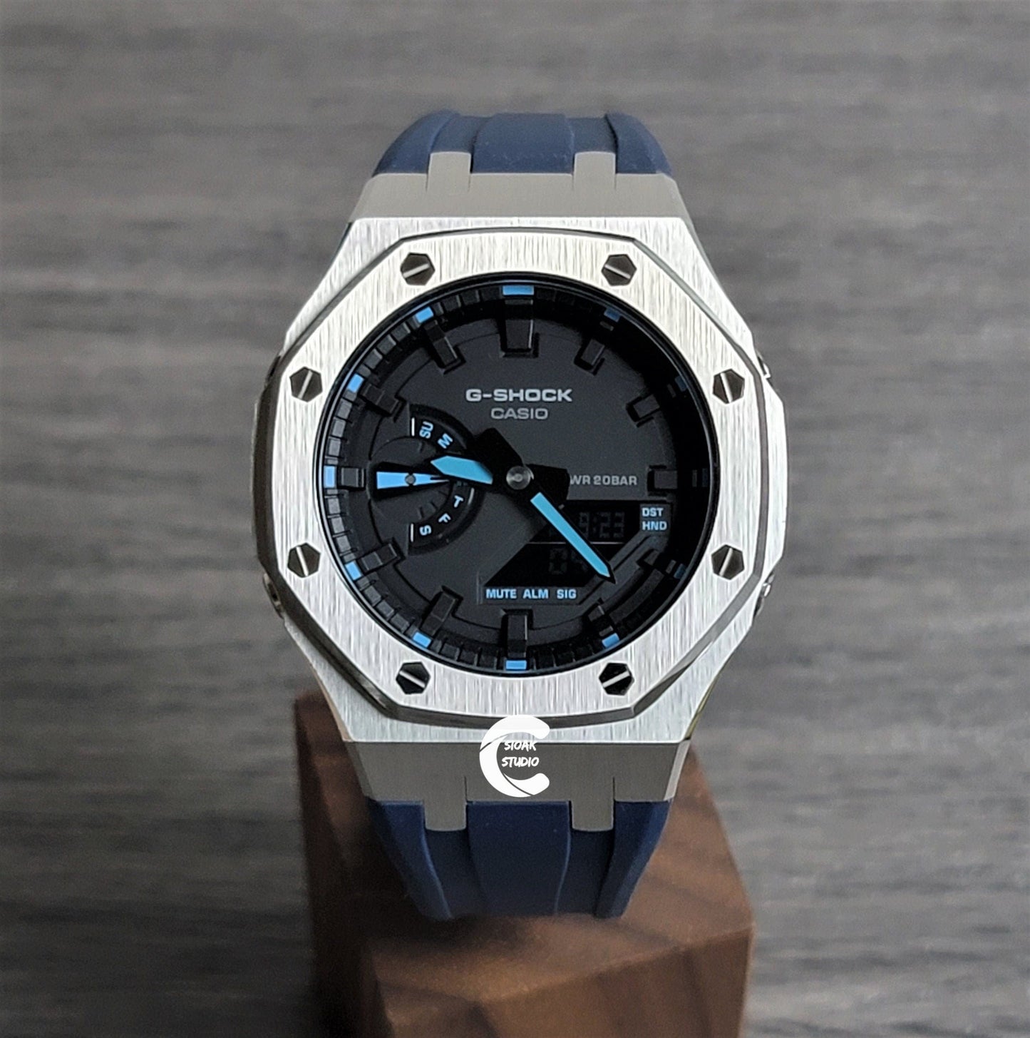 Casioak Mod Watch Silver Case Blue Rubber Strap Black Time Mark Black Dial 44mm- Casioak Mod Casio G-Shock Royal Oak Custom Mens Luxury Watches Ga2100