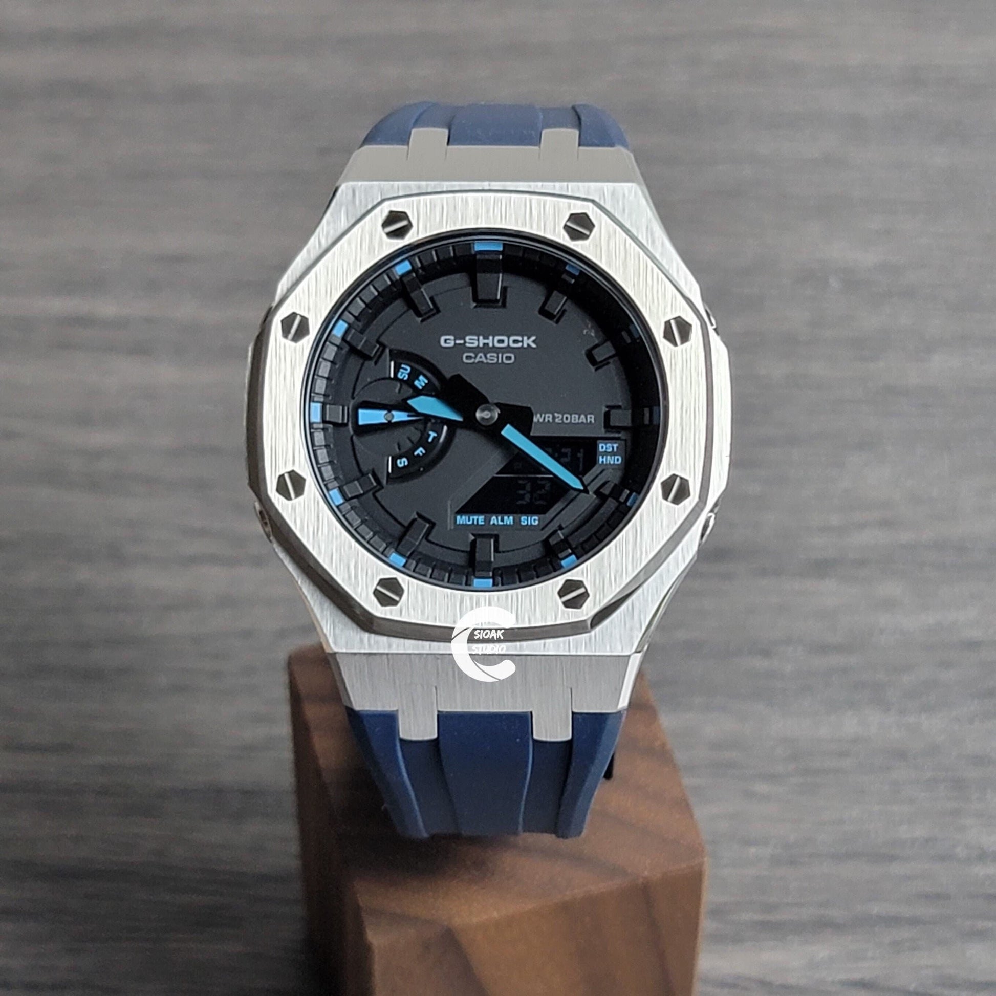 Casioak Mod Watch Silver Case Blue Rubber Strap Black Time Mark Black Dial 44mm- Casioak Mod Casio G-Shock Royal Oak Custom Mens Luxury Watches Ga2100