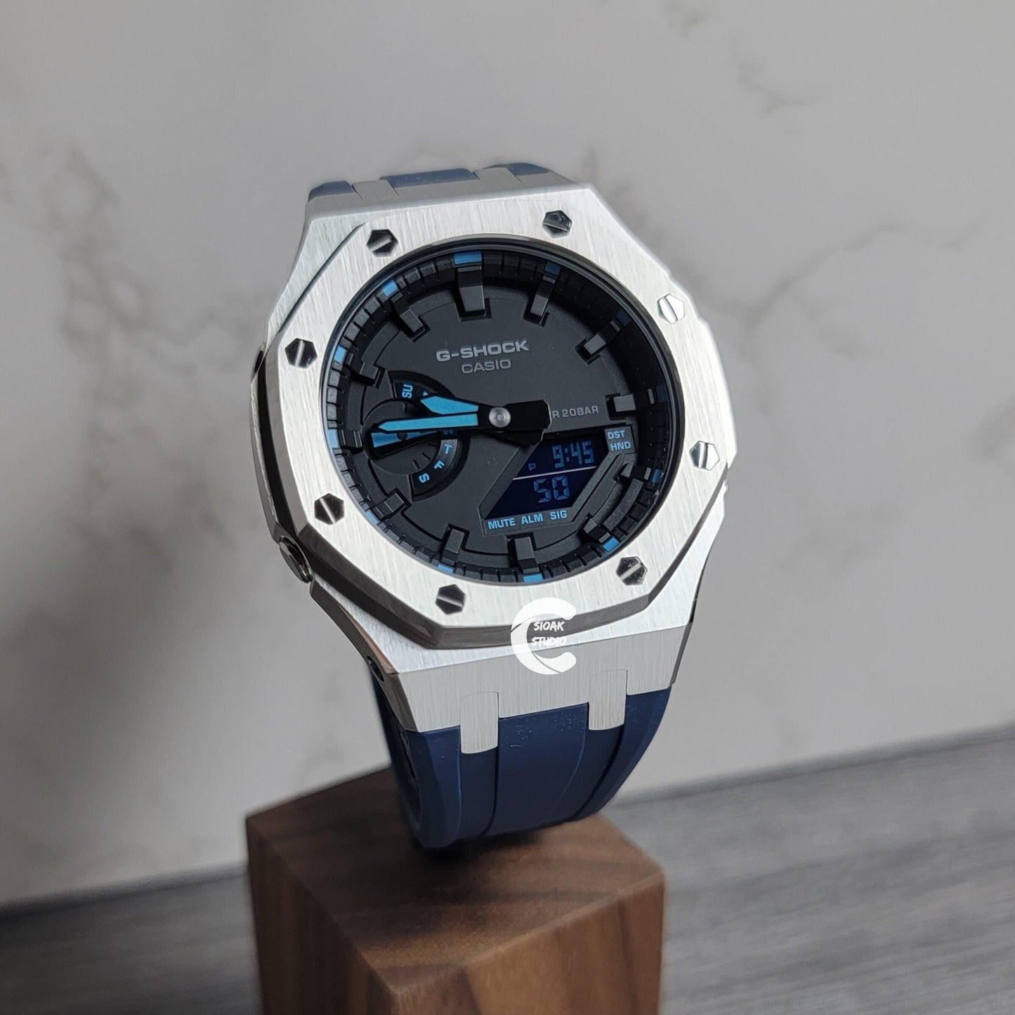 Casioak Mod Watch Silver Case Blue Rubber Strap Black Time Mark Black Dial 44mm- Casioak Mod Casio G-Shock Royal Oak Custom Mens Luxury Watches Ga2100