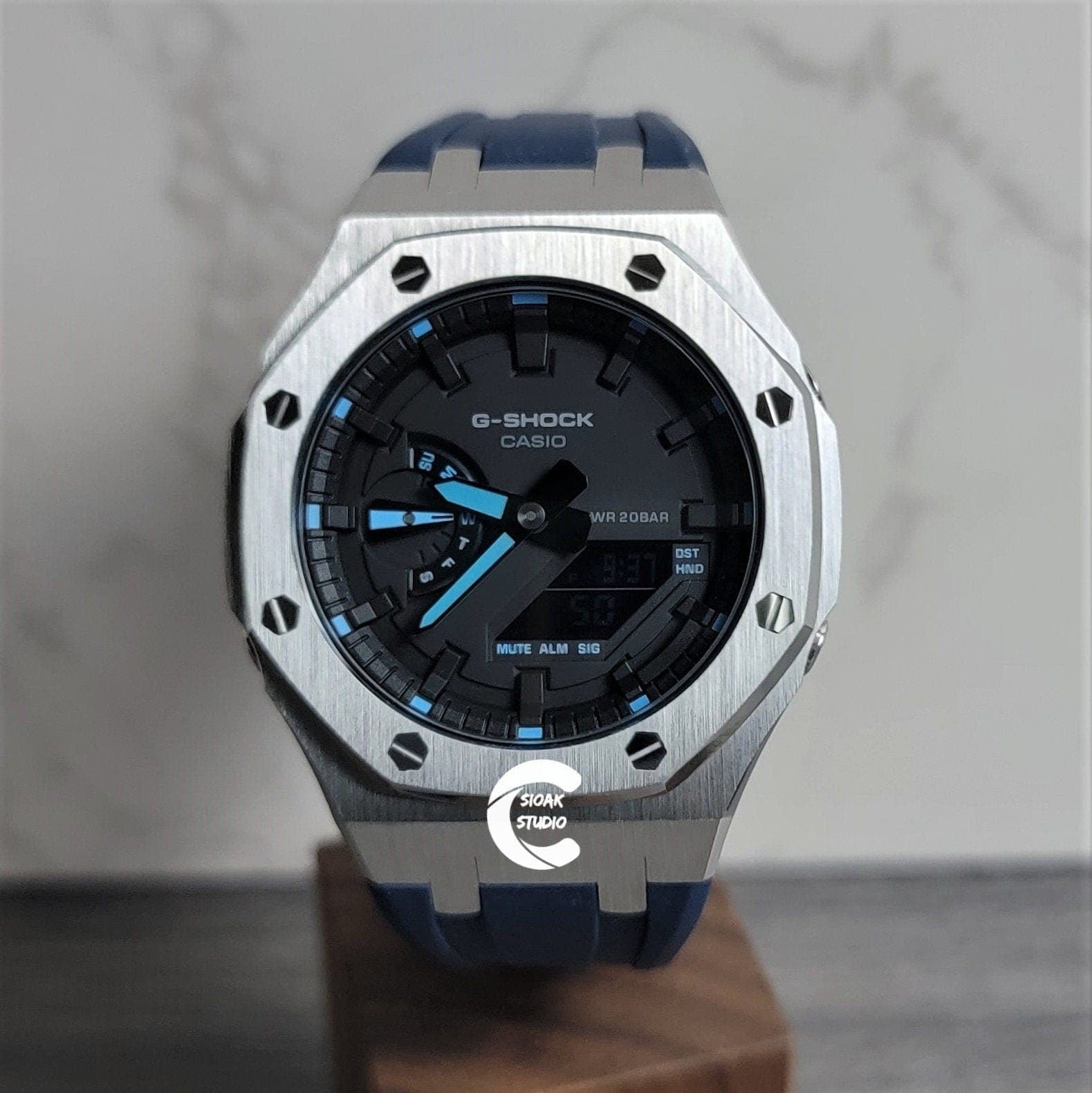 Casioak Mod Watch Silver Case Blue Rubber Strap Black Time Mark Black Dial 44mm- Casioak Mod Casio G-Shock Royal Oak Custom Mens Luxury Watches Ga2100