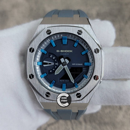 Casioak Mod Watch Silver Case Blue Rubber Strap Silver Blue Time Mark Blue Dial 44mm- Casioak Mod Casio G-Shock Royal Oak Custom Mens Luxury Watches Ga2100