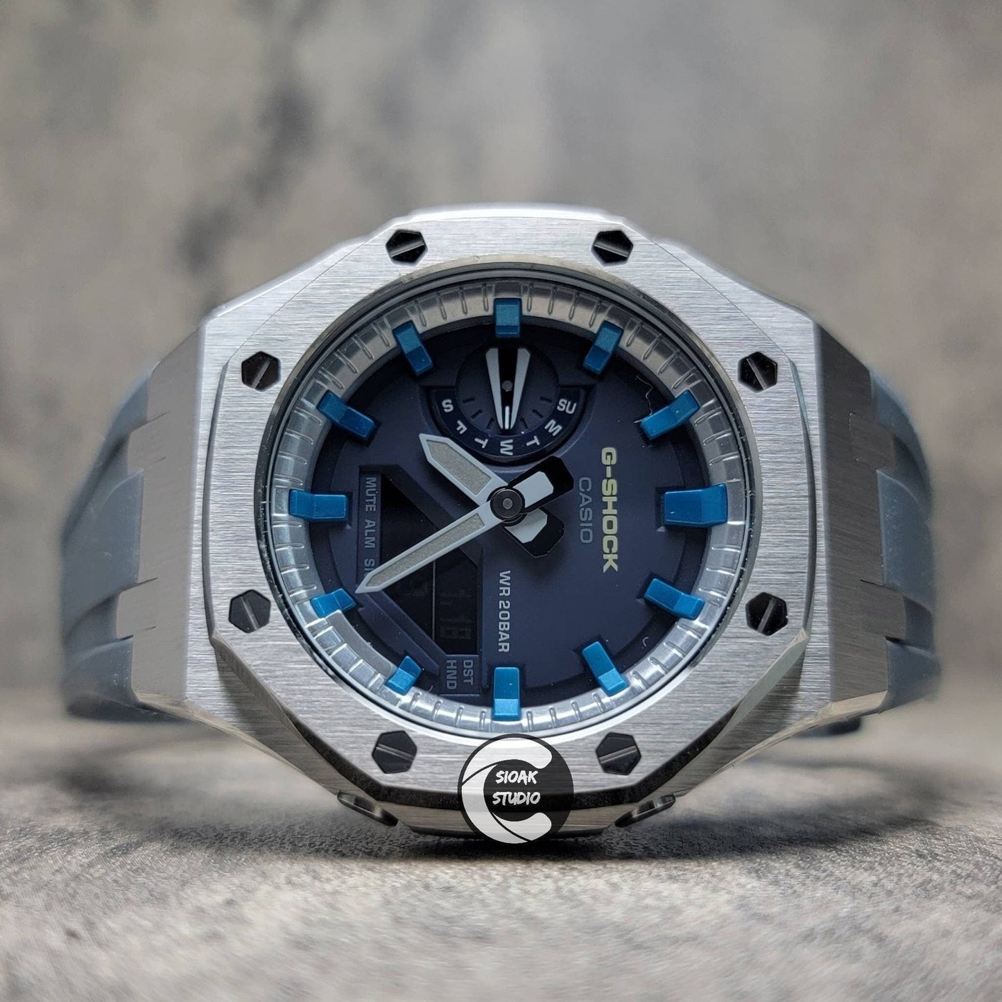 Casioak Mod Watch Silver Case Blue Rubber Strap Silver Blue Time Mark Blue Dial 44mm- Casioak Mod Casio G-Shock Royal Oak Custom Mens Luxury Watches Ga2100