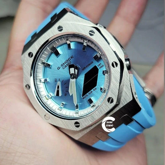 Casioak Mod Watch Silver Case Blue Rubber Strap Silver Time Mark Ice Blue Dial 44mm- Casioak Mod Casio G-Shock Royal Oak Custom Mens Luxury Watches Ga2100