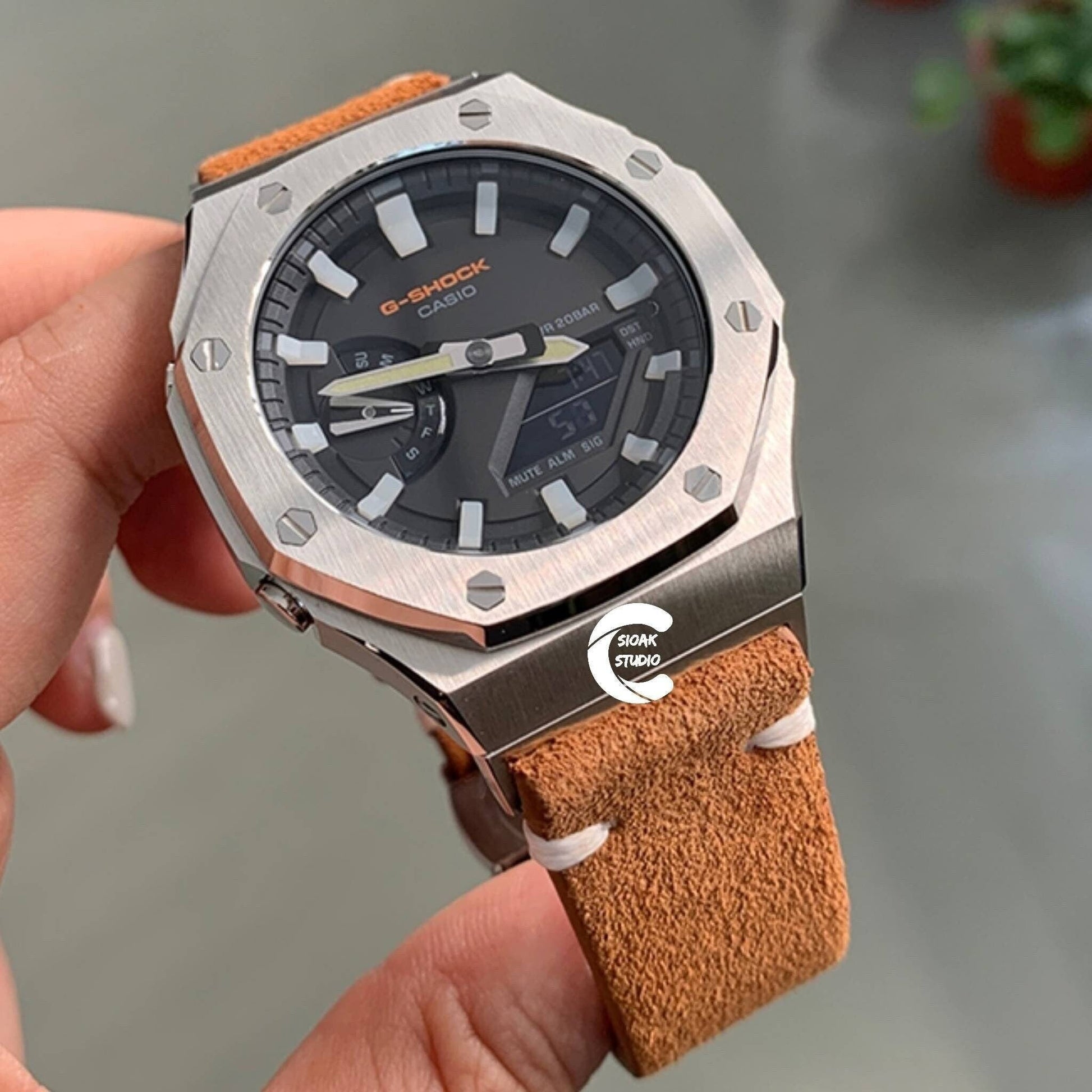 Casioak Mod Watch Silver Case Brown Leather Strap Black Luminous Time Mark Black Dial 44mm- Casioak Mod Casio G-Shock Royal Oak Custom Mens Luxury Watches Ga2100