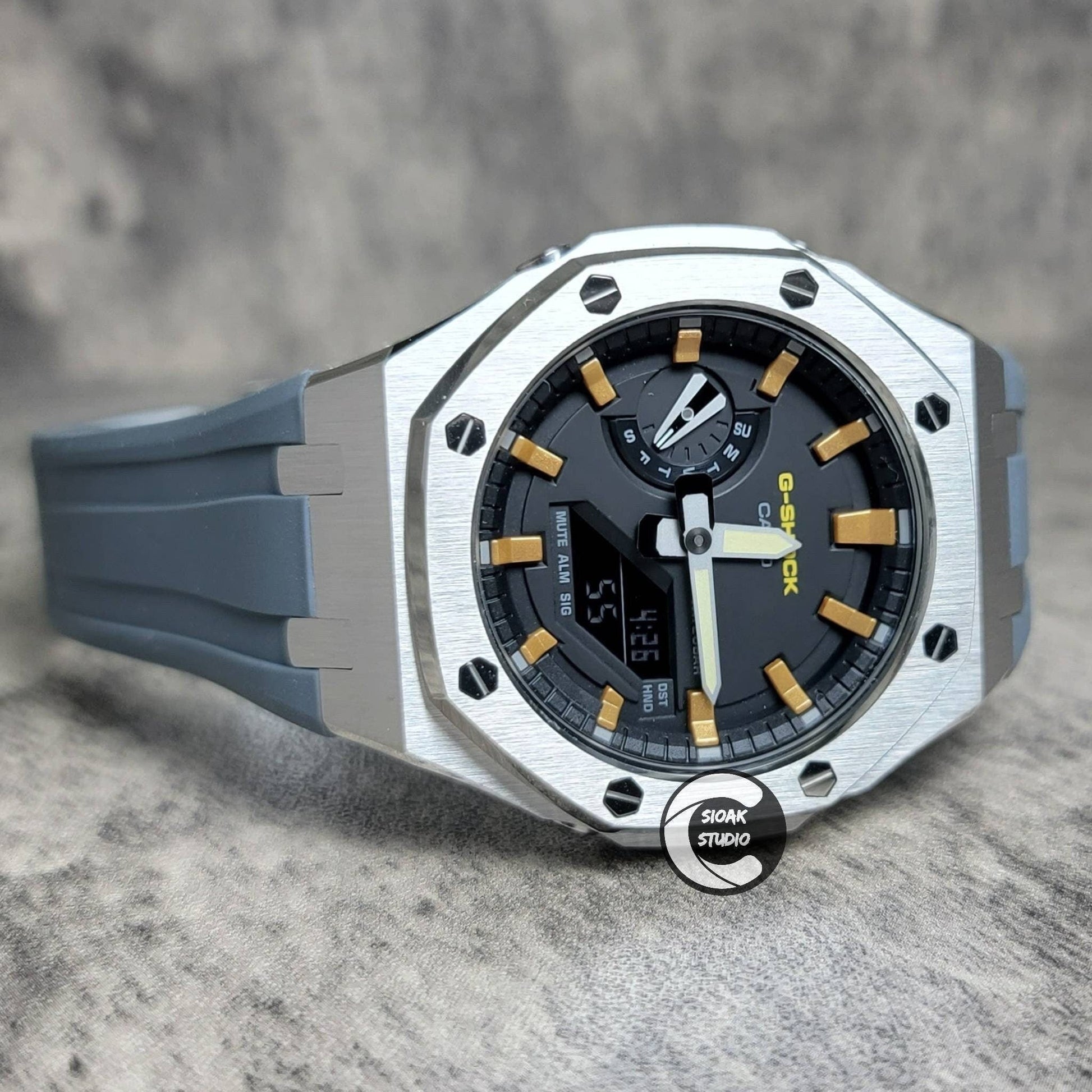 Casioak Mod Watch Silver Case Gray Rubber Strap Black Gold Time Mark Black Dial 44mm- Casioak Mod Casio G-Shock Royal Oak Custom Mens Luxury Watches Ga2100