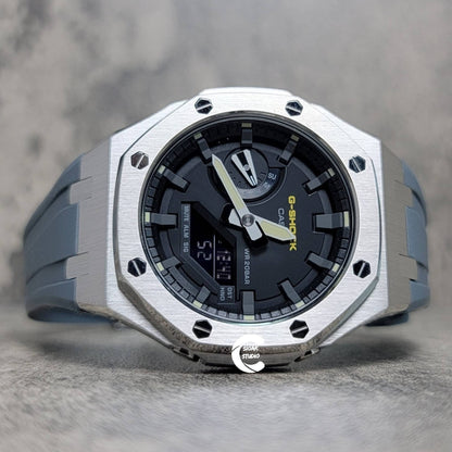 Casioak Mod Watch Silver Case Gray Rubber Strap Black Gray Time Mark Black Dial 44mm- Casioak Mod Casio G-Shock Royal Oak Custom Mens Luxury Watches Ga2100