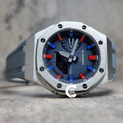 Casioak Mod Watch Silver Case Gray Rubber Strap Blue Red Time Mark Blue Dial 44mm- Casioak Mod Casio G-Shock Royal Oak Custom Mens Luxury Watches Ga2100