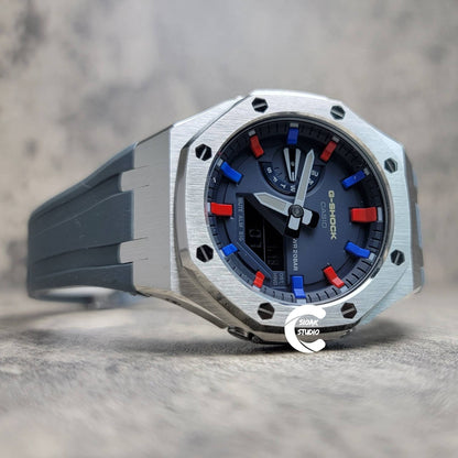 Casioak Mod Watch Silver Case Gray Rubber Strap Blue Red Time Mark Blue Dial 44mm- Casioak Mod Casio G-Shock Royal Oak Custom Mens Luxury Watches Ga2100