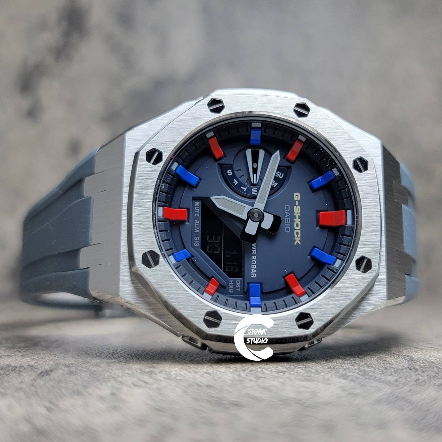 Casioak Mod Watch Silver Case Gray Rubber Strap Blue Red Time Mark Blue Dial 44mm- Casioak Mod Casio G-Shock Royal Oak Custom Mens Luxury Watches Ga2100