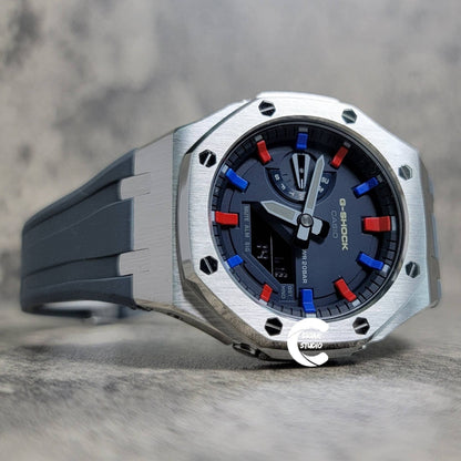 Casioak Mod Watch Silver Case Gray Rubber Strap Blue Red Time Mark Blue Dial 44mm- Casioak Mod Casio G-Shock Royal Oak Custom Mens Luxury Watches Ga2100