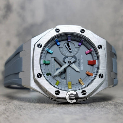 Casioak Mod Watch Silver Case Gray Rubber Strap Gray Rainbow Time Mark Gray Dial 44mm- Casioak Mod Casio G-Shock Royal Oak Custom Mens Luxury Watches Ga2100