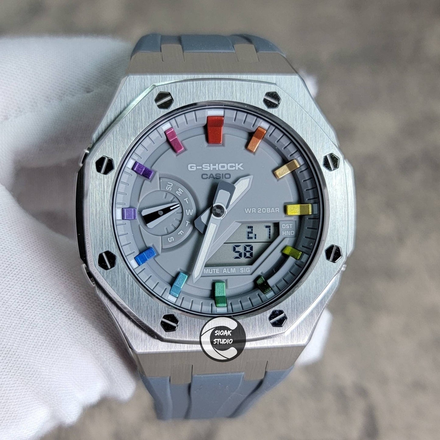 Casioak Mod Watch Silver Case Gray Rubber Strap Gray Rainbow Time Mark Gray Dial 44mm- Casioak Mod Casio G-Shock Royal Oak Custom Mens Luxury Watches Ga2100