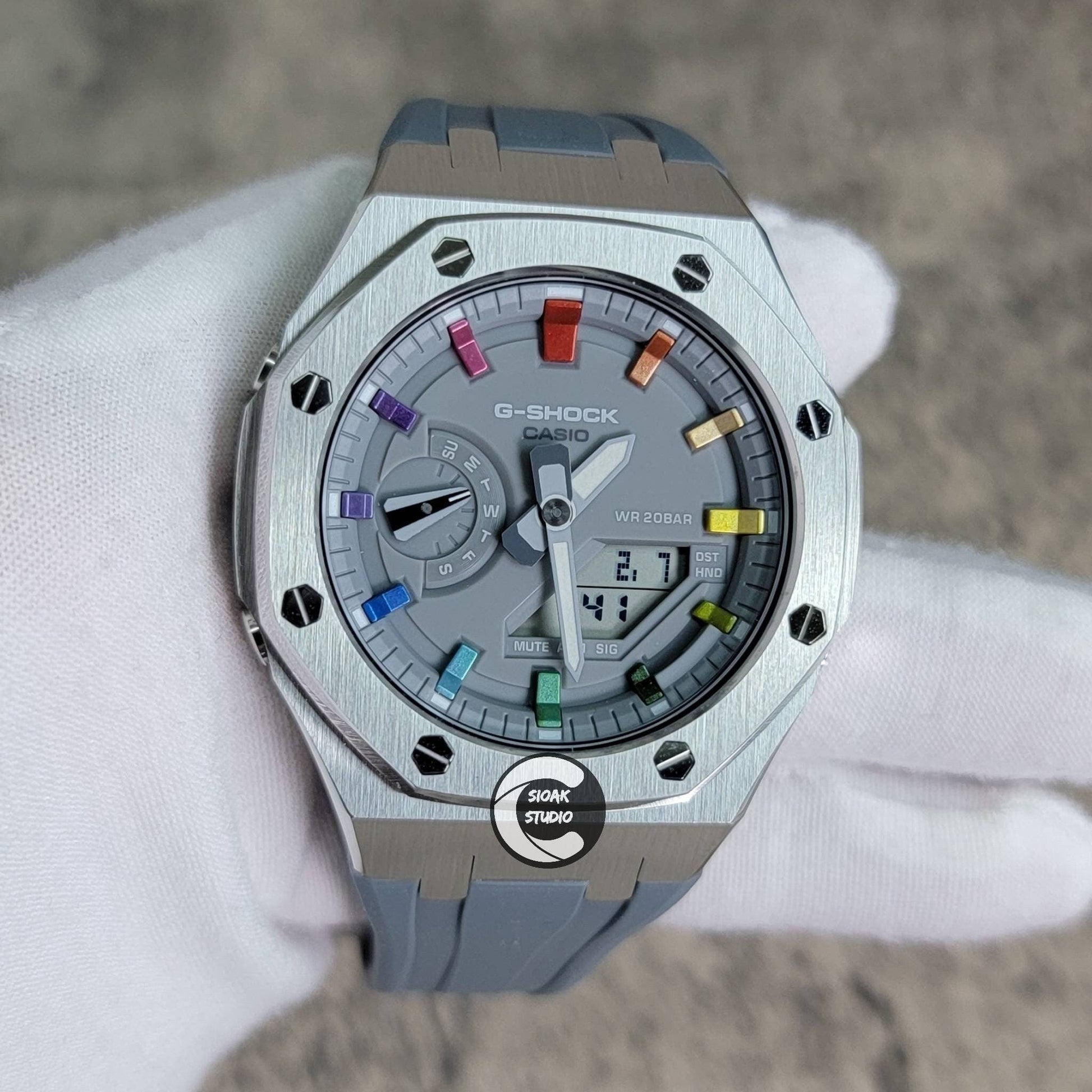 Casioak Mod Watch Silver Case Gray Rubber Strap Gray Rainbow Time Mark Gray Dial 44mm- Casioak Mod Casio G-Shock Royal Oak Custom Mens Luxury Watches Ga2100