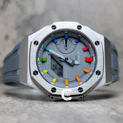 Casioak Mod Watch Silver Case Gray Rubber Strap Gray Rainbow Time Mark Gray Dial 44mm- Casioak Mod Casio G-Shock Royal Oak Custom Mens Luxury Watches Ga2100