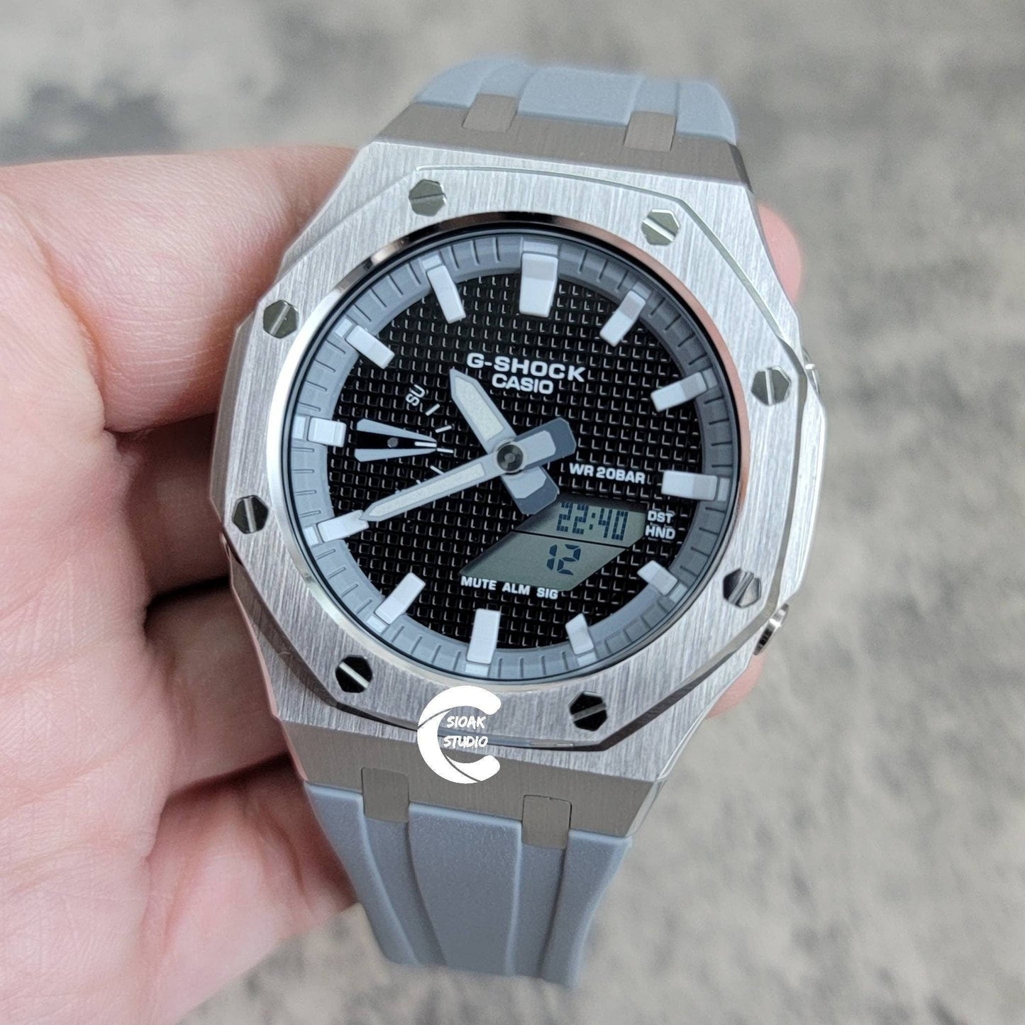 Casioak Mod Watch Silver Case Gray Rubber Strap Gray Whtie Time Mark Black Dial 44mm- Casioak Mod Casio G-Shock Royal Oak Custom Mens Luxury Watches Ga2100