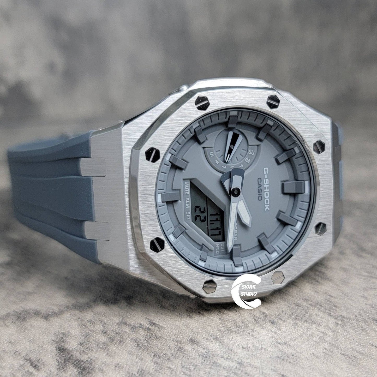 Casioak Mod Watch Silver Case Gray Rubber Strap Light Gray Time Mark Gray Dial 44mm- Casioak Mod Casio G-Shock Royal Oak Custom Mens Luxury Watches Ga2100