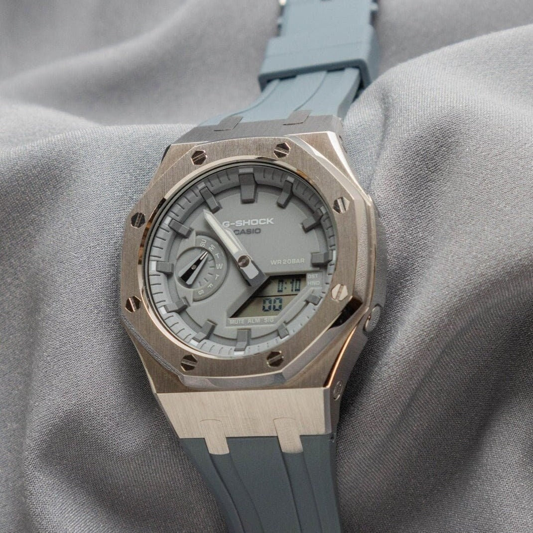 Casioak Mod Watch Silver Case Gray Rubber Strap Light Gray Time Mark Gray Dial 44mm Gray- Casioak Mod Casio G-Shock Royal Oak Custom Mens Luxury Watches Ga2100