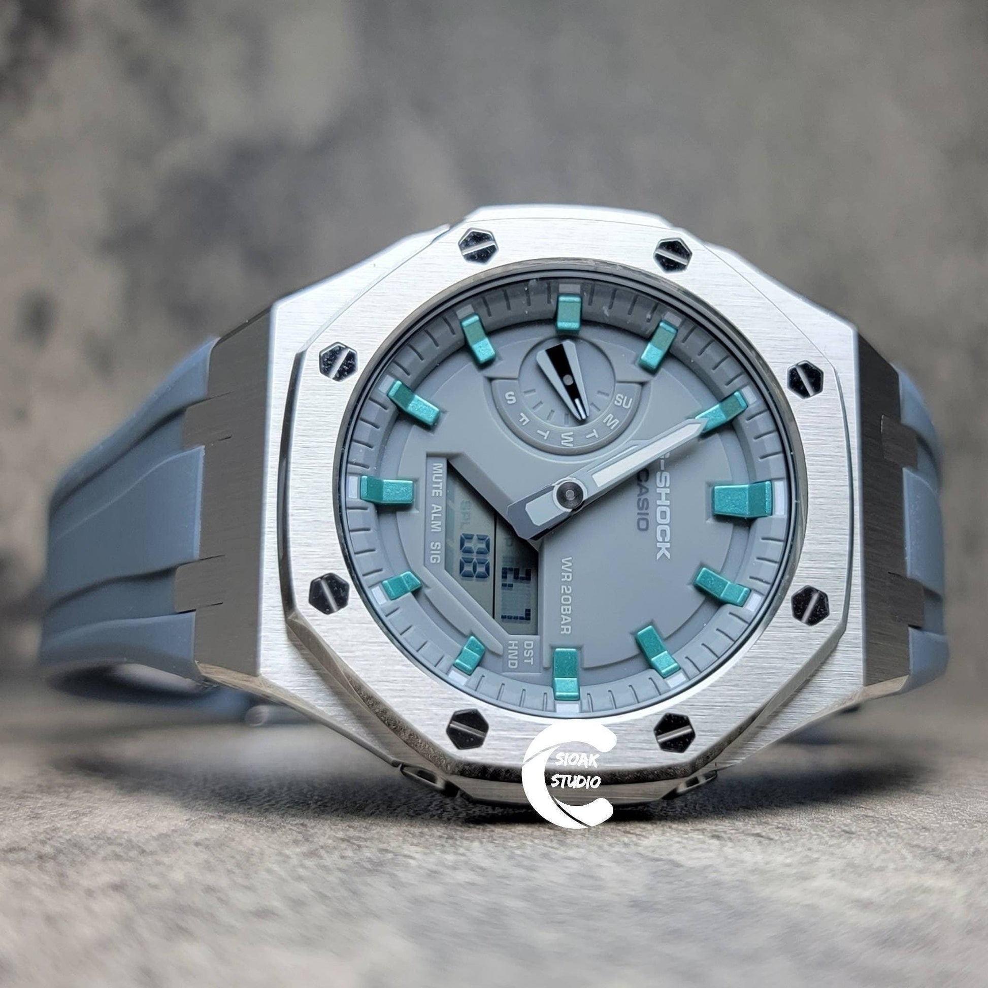 Casioak Mod Watch Silver Case Gray Rubber Strap Light Gray Turquoise Time Mark Gray Dial 44mm- Casioak Mod Casio G-Shock Royal Oak Custom Mens Luxury Watches Ga2100