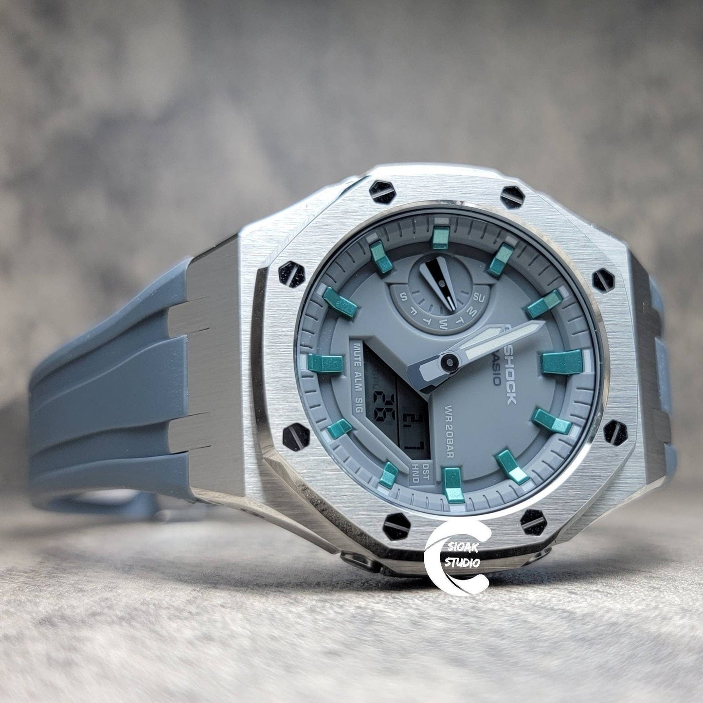 Casioak Mod Watch Silver Case Gray Rubber Strap Light Gray Turquoise Time Mark Gray Dial 44mm- Casioak Mod Casio G-Shock Royal Oak Custom Mens Luxury Watches Ga2100