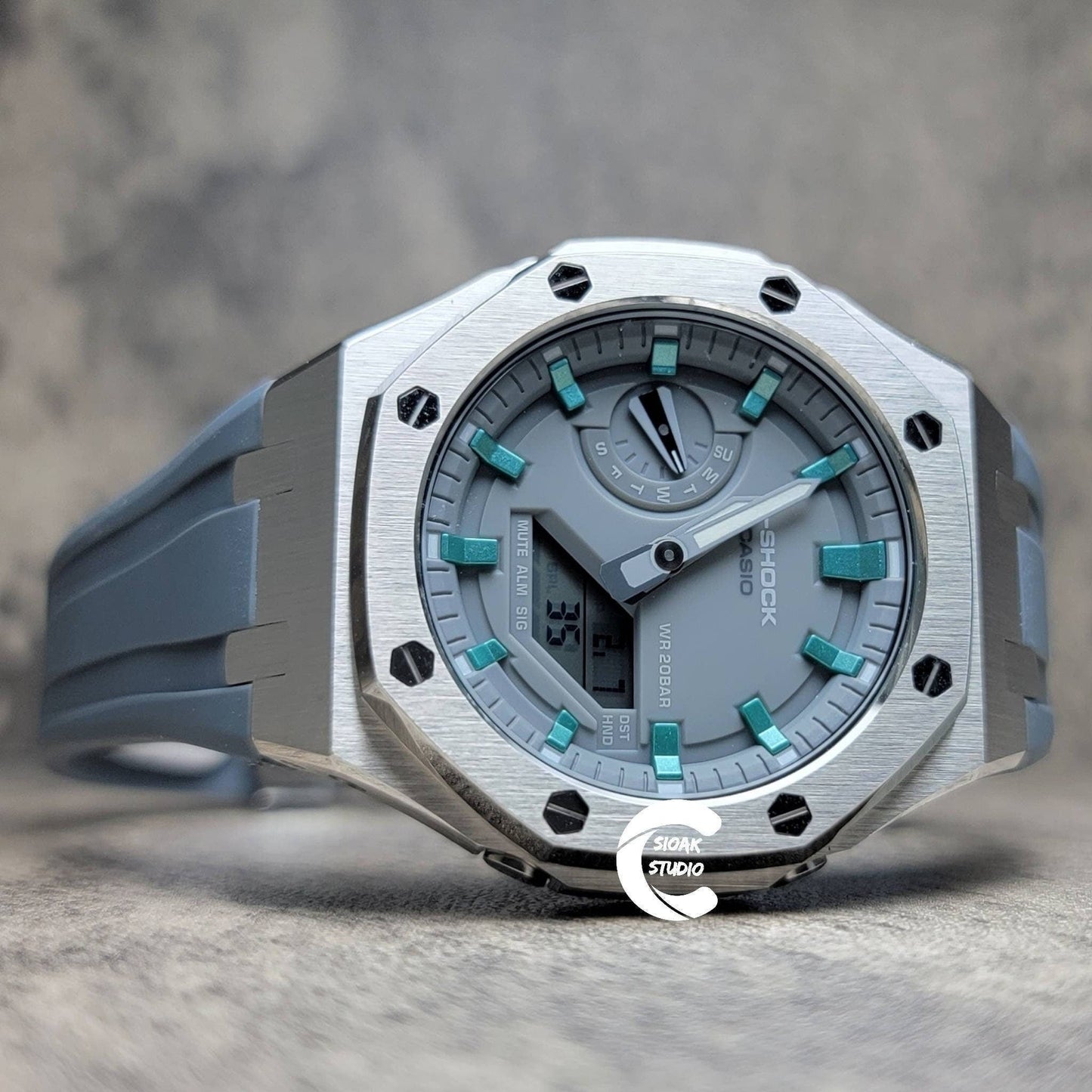 Casioak Mod Watch Silver Case Gray Rubber Strap Light Gray Turquoise Time Mark Gray Dial 44mm- Casioak Mod Casio G-Shock Royal Oak Custom Mens Luxury Watches Ga2100