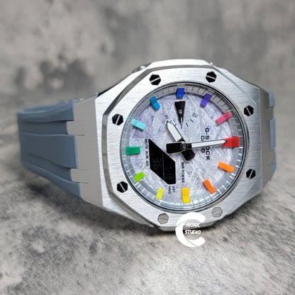 Casioak Mod Watch Silver Case Gray Rubber Strap Silver Rainbow Time Mark Meteorite Dial 44mm- Casioak Mod Casio G-Shock Royal Oak Custom Mens Luxury Watches Ga2100